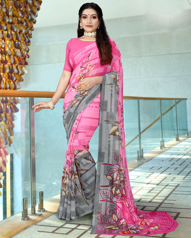 Pink Digital Print Georgette Saree
