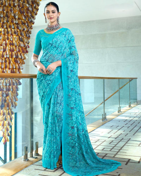 Dark Turquoise Blue Digital Print Georgette Saree