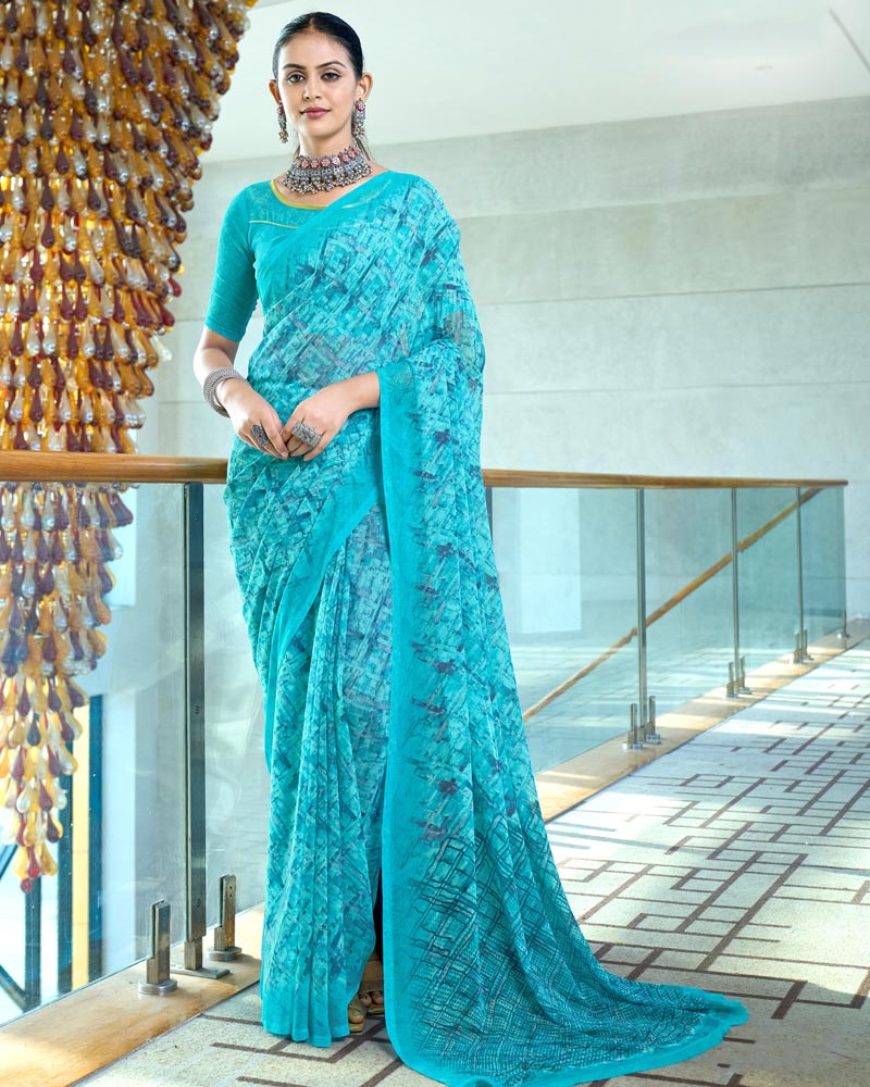 Dark Turquoise Blue Digital Print Georgette Saree