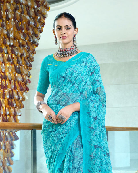 Dark Turquoise Blue Digital Print Georgette Saree