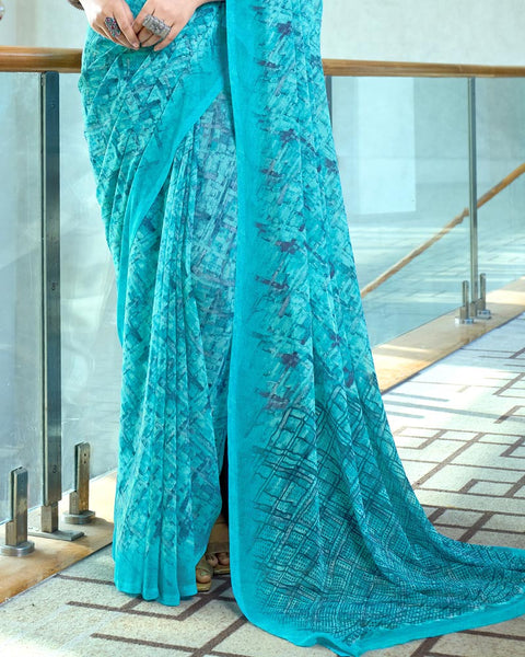 Dark Turquoise Blue Digital Print Georgette Saree