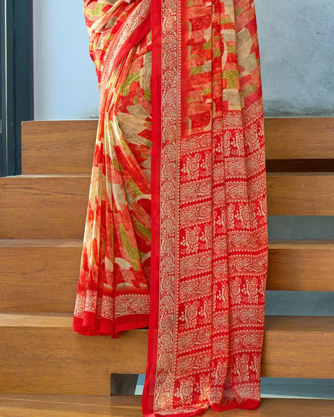 Cherry Red Digital Print Georgette Saree