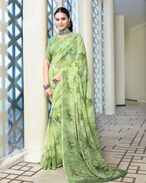 Tusk Green Digital Print Georgette Saree