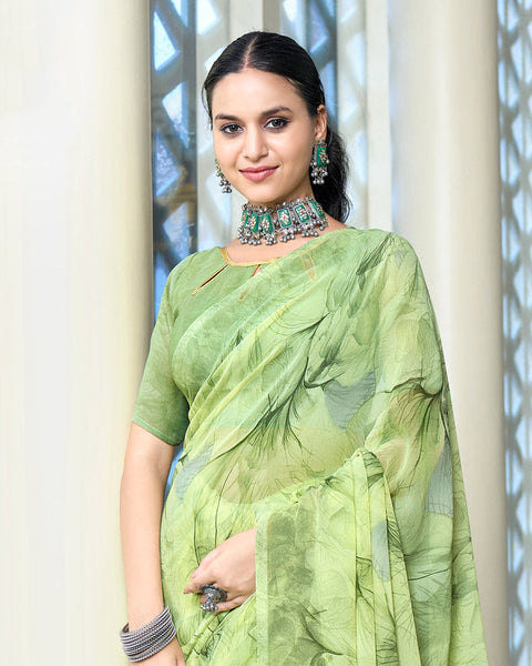Tusk Green Digital Print Georgette Saree