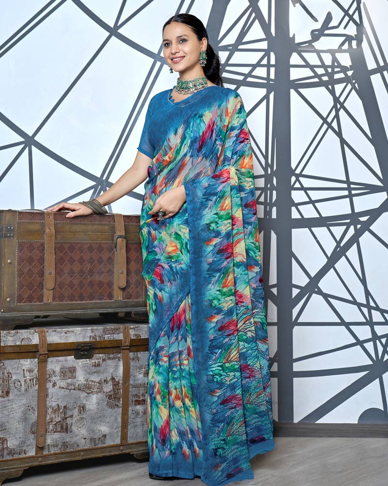 Blumine Blue Digital Print Georgette Saree