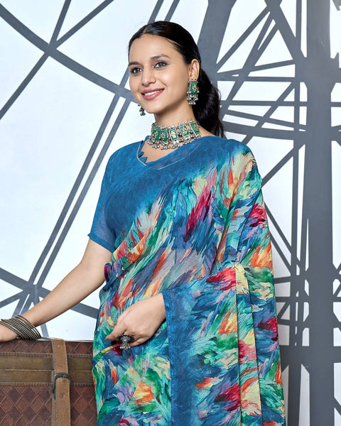 Blumine Blue Digital Print Georgette Saree