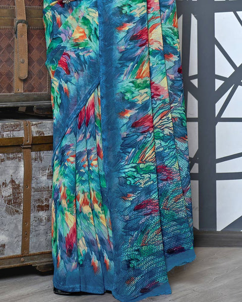 Blumine Blue Digital Print Georgette Saree