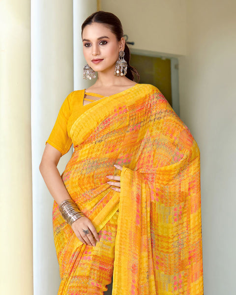 Golden Yellow Digital Print Georgette Saree