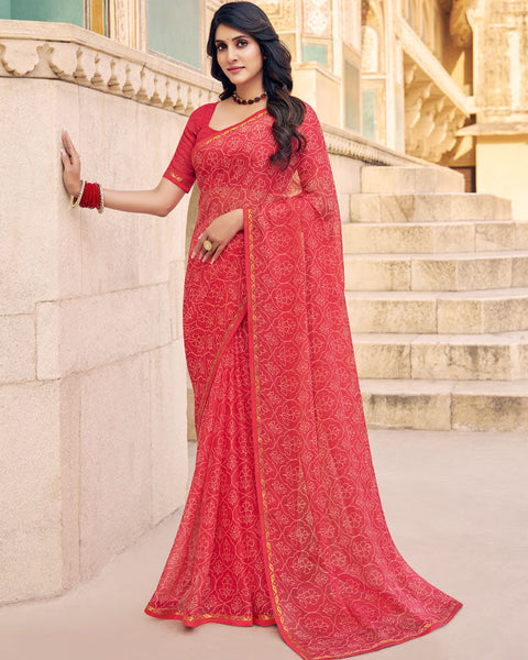 Amaranth Pink Printed Chiffon Saree With Fancy Border