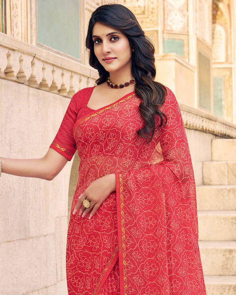 Amaranth Pink Printed Chiffon Saree With Fancy Border