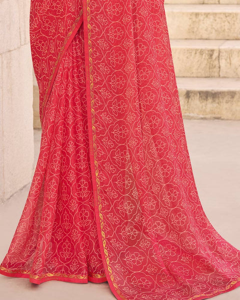 Amaranth Pink Printed Chiffon Saree With Fancy Border