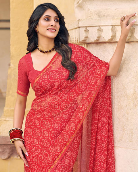Amaranth Pink Printed Chiffon Saree With Fancy Border