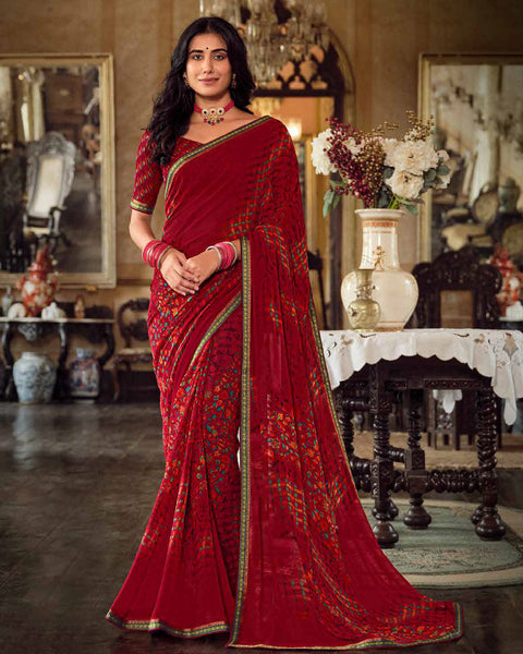 Maroon Printed Georgette Saree With Fancy Border