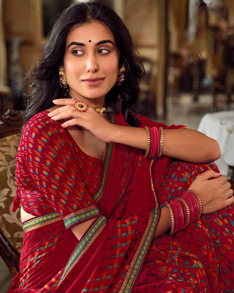 Maroon Printed Georgette Saree With Fancy Border