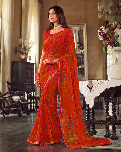 Tomato Red Printed Georgette Saree With Fancy Border