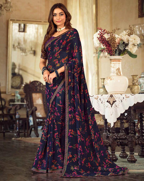 Dark Navy Blue Printed Georgette Saree With Fancy Border
