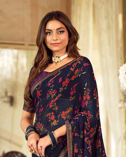 Dark Navy Blue Printed Georgette Saree With Fancy Border