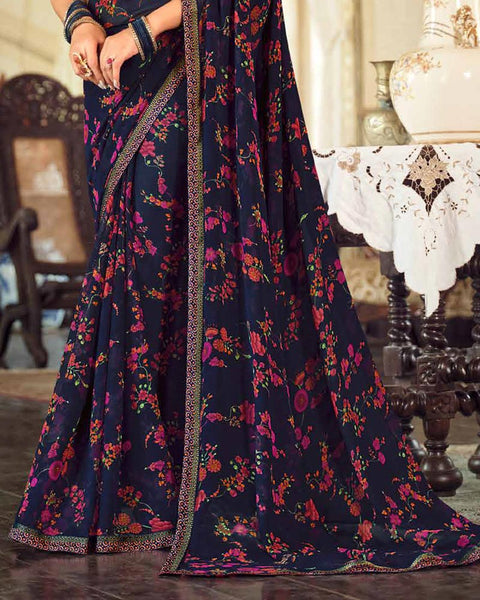Dark Navy Blue Printed Georgette Saree With Fancy Border