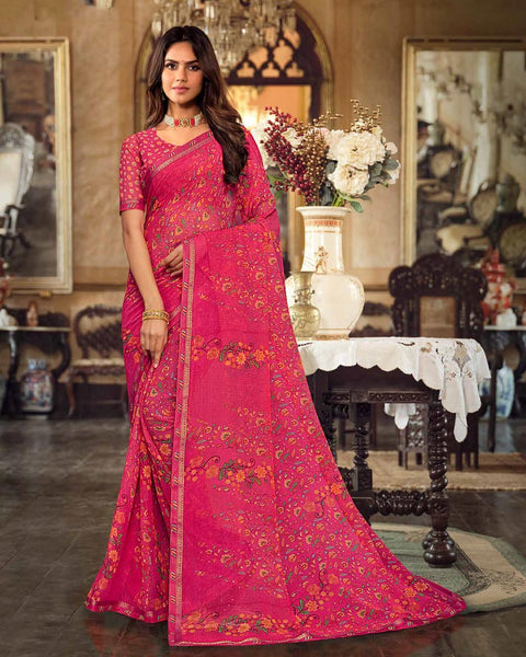 Red Pink Printed Georgette Saree With Fancy Border