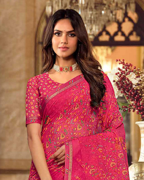 Red Pink Printed Georgette Saree With Fancy Border