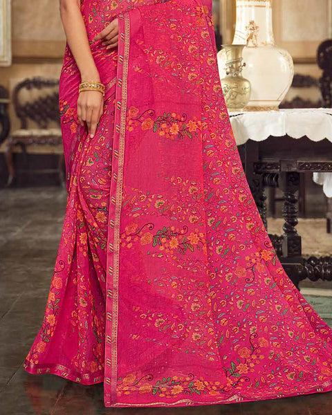 Red Pink Printed Georgette Saree With Fancy Border