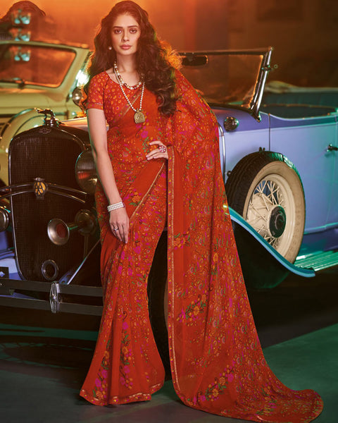 Tomato Red Printed Georgette Saree With Fancy Border