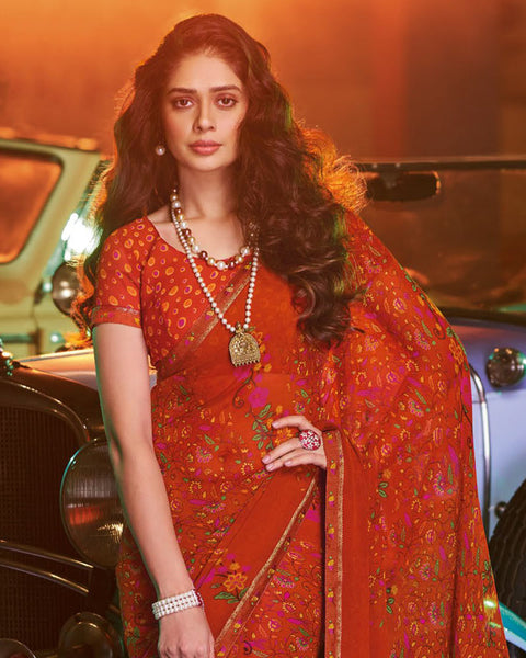 Tomato Red Printed Georgette Saree With Fancy Border