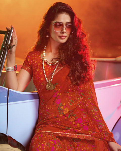 Tomato Red Printed Georgette Saree With Fancy Border