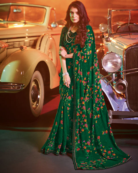 Bottle Green Printed Georgette Saree With Fancy Border