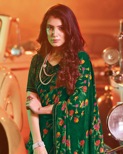 Bottle Green Printed Georgette Saree With Fancy Border