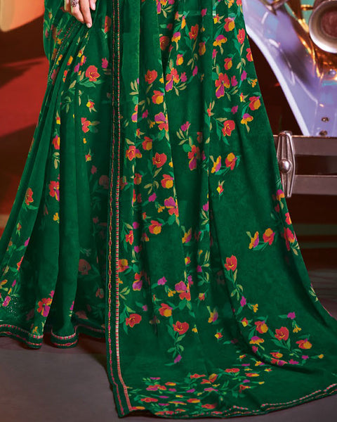 Bottle Green Printed Georgette Saree With Fancy Border