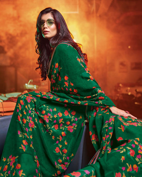 Bottle Green Printed Georgette Saree With Fancy Border