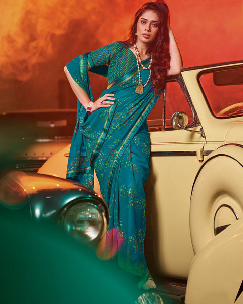 Dark Teal Blue Printed Georgette Saree With Fancy Border