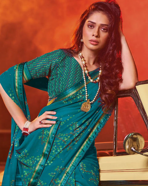 Dark Teal Blue Printed Georgette Saree With Fancy Border