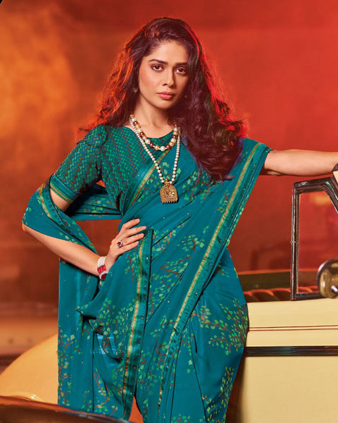Dark Teal Blue Printed Georgette Saree With Fancy Border