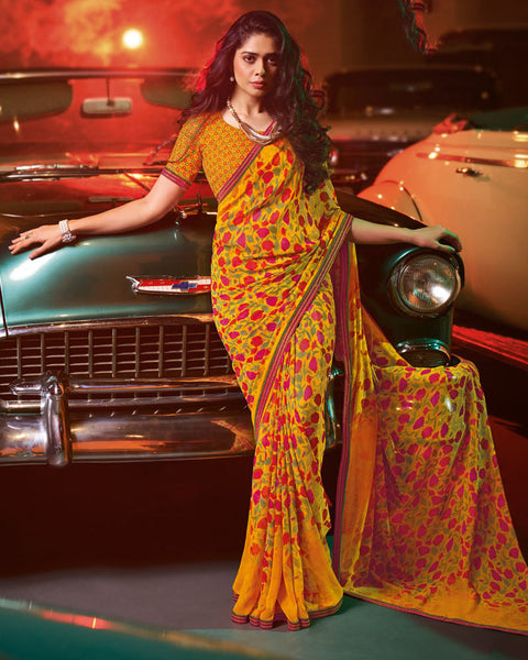 Dark Yellow Printed Georgette Saree With Fancy Border