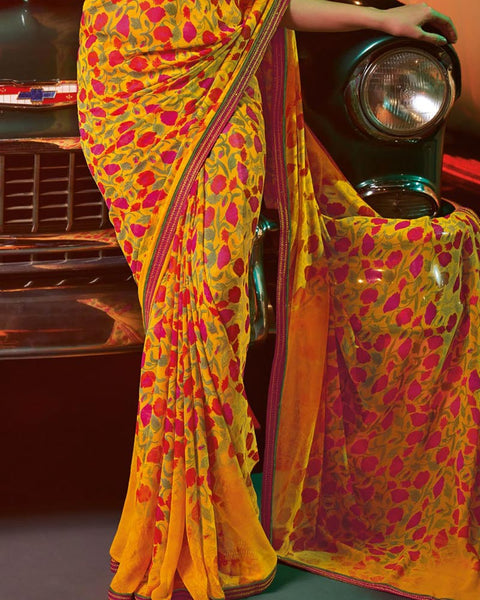 Dark Yellow Printed Georgette Saree With Fancy Border