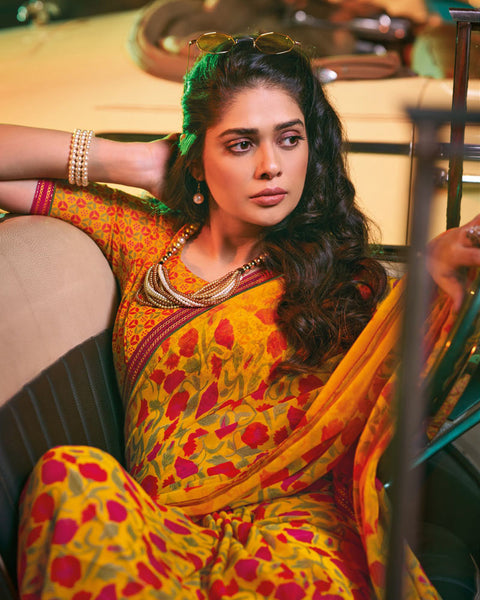Dark Yellow Printed Georgette Saree With Fancy Border