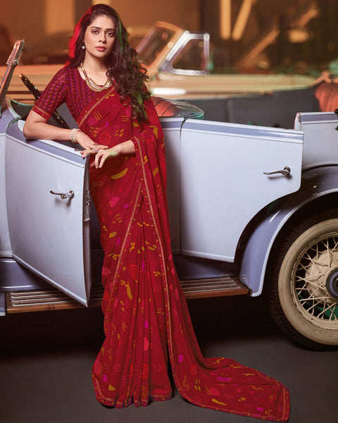 Dark Red Printed Georgette Saree With Fancy Border