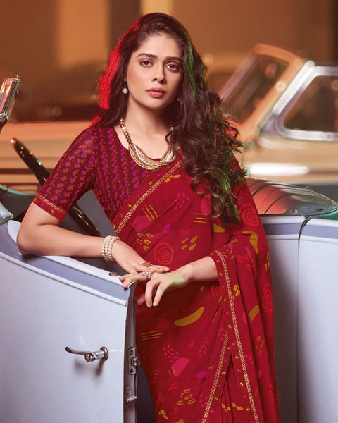 Dark Red Printed Georgette Saree With Fancy Border