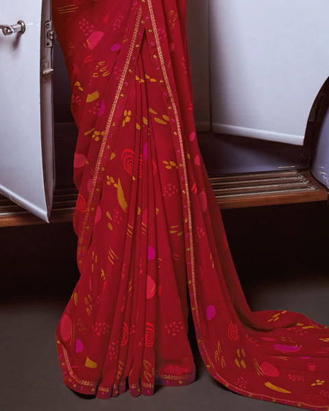 Dark Red Printed Georgette Saree With Fancy Border