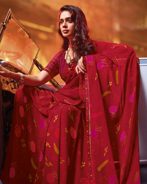 Dark Red Printed Georgette Saree With Fancy Border