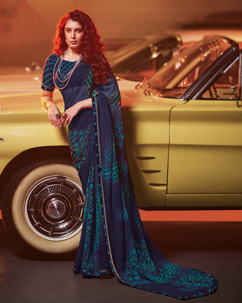 Dark Navy Blue Printed Georgette Saree With Fancy Border