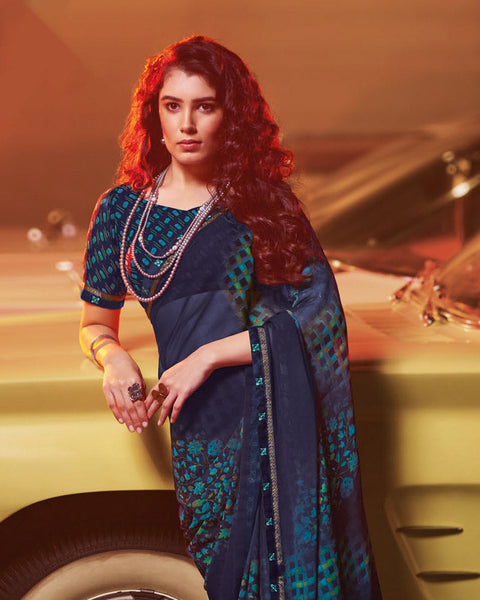 Dark Navy Blue Printed Georgette Saree With Fancy Border
