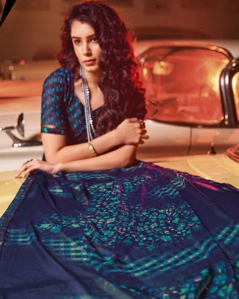 Dark Navy Blue Printed Georgette Saree With Fancy Border