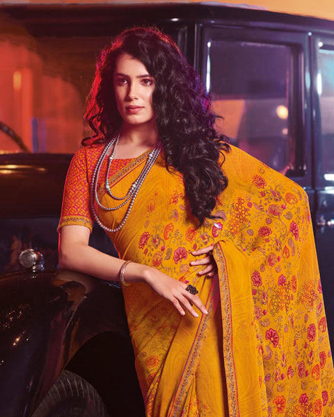 Mustard Printed Georgette Saree With Fancy Border