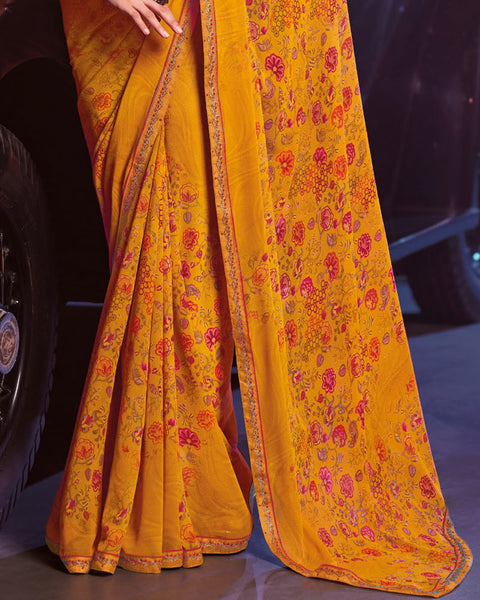 Mustard Printed Georgette Saree With Fancy Border