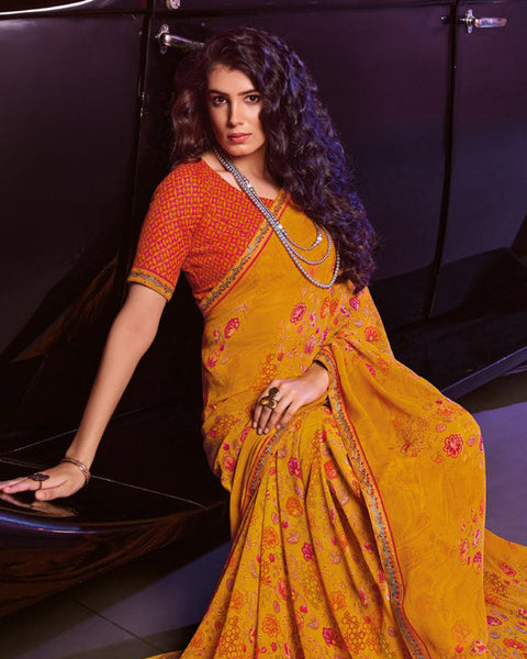 Mustard Printed Georgette Saree With Fancy Border