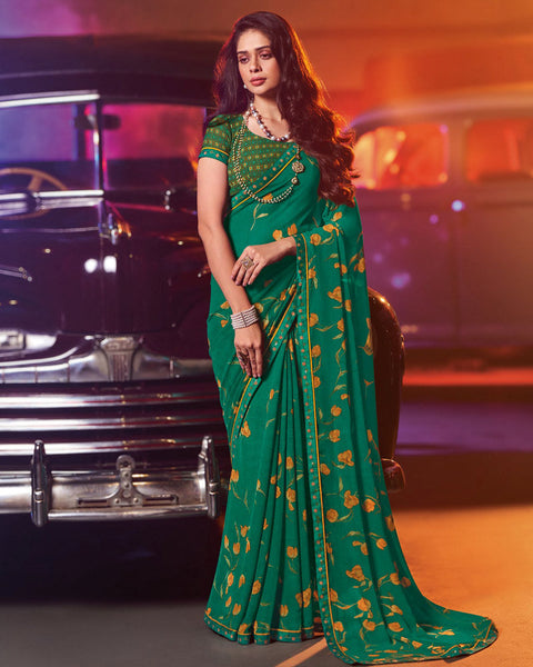 Deep Sea Green Printed Georgette Saree With Fancy Border