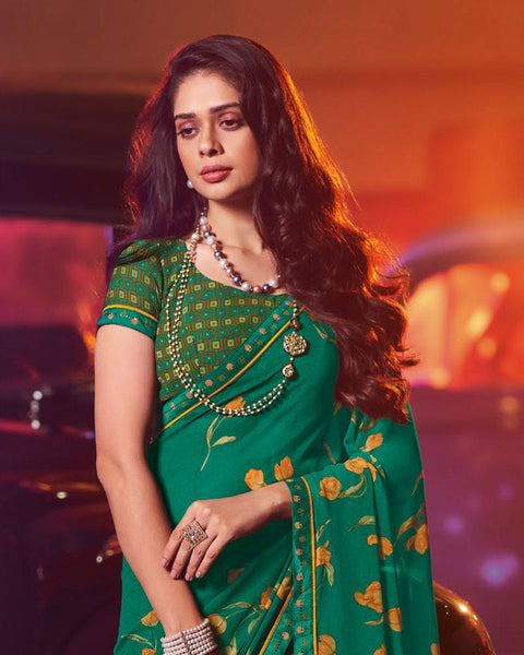 Deep Sea Green Printed Georgette Saree With Fancy Border